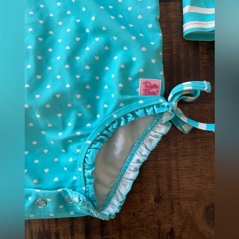 Ruffle Butts Aqua Heart Polka Dot One Piece Rash Guard Swimsuit size 3T